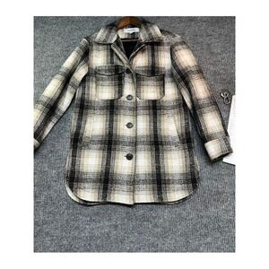 Sebby Plaid Shirt Jacket Shacket Cream Tan Black Check Button Front Longline